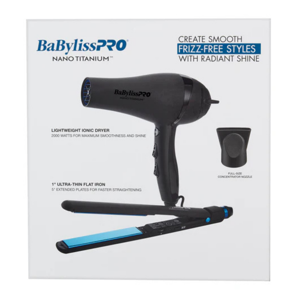 BaBylissPRO Nano Titanium Professional Lightweight Ionic Dryer & 1" Ultra-Thin Flat Iron